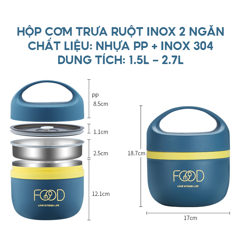 Hộp Cơm Trưa 3 Ngăn Ruột Inox Dung Tích Siêu Lớn 2.7 Lít Đựng Cơm Canh Ăn Trưa Khẩu Phần 2 Người