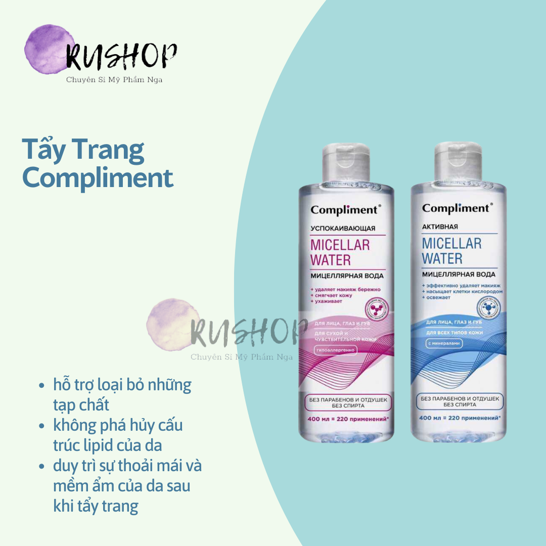 Tẩy trang Compliment Micellar water 400ml tẩy trang mặt mắt môi, sử dụng được cho cả da nhạy cảm