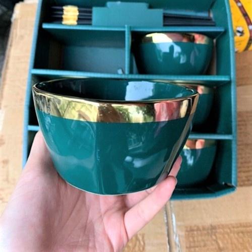 Bộ Bát Sứ Xanh Cổ Vịt Viền Vàng Phong Cách Nhật Bản Sang Trọng
