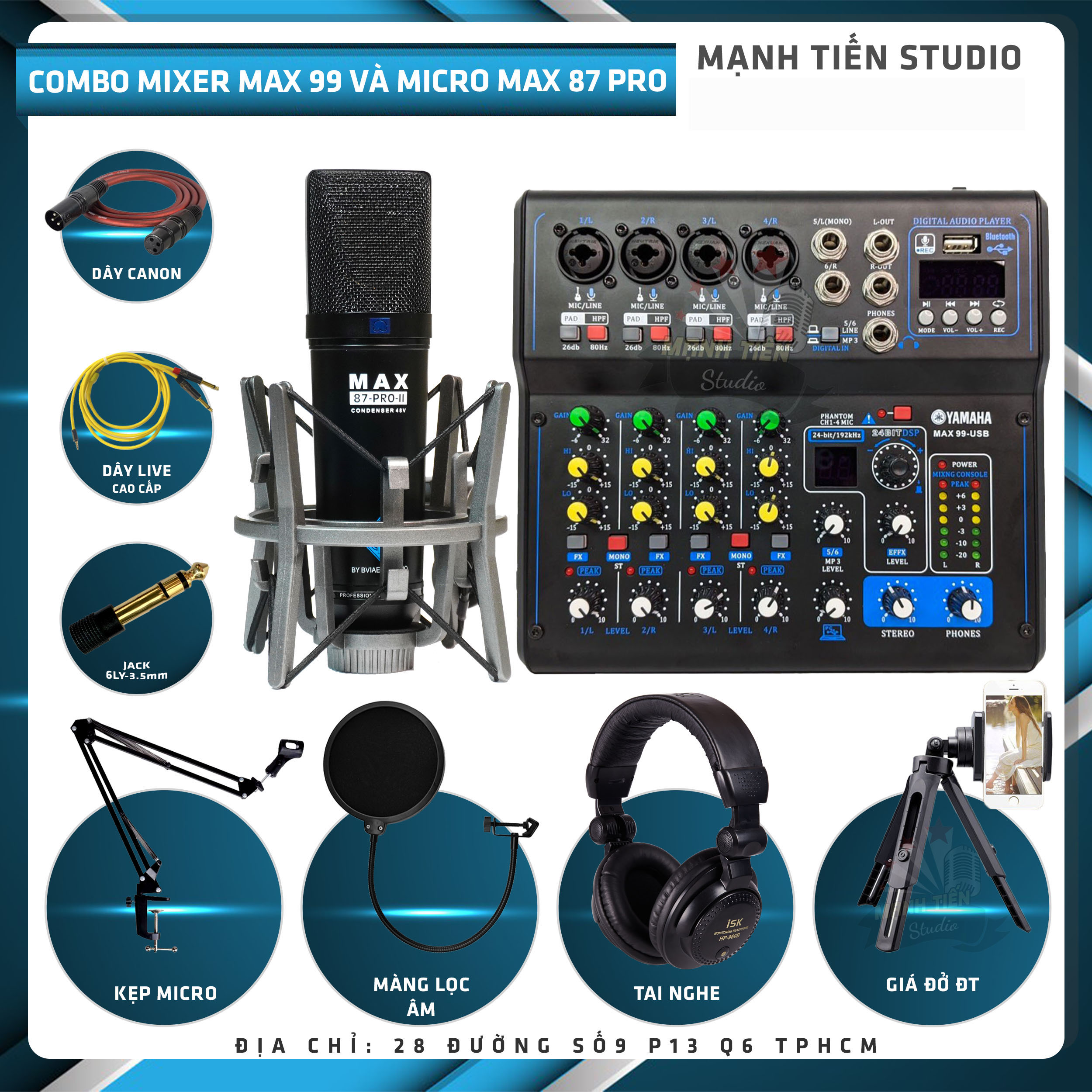 Combo thu âm, livestream Micro Max 87-Pro-II 2022, Mixer Max 99 - Kèm full phụ kiện kẹp micro, màng lọc, tai nghe, dây canon, dây livestream, giá đỡ ĐT - Hỗ trợ thu âm, karaoke online chuyên nghiệp - Hàng nhập khẩu