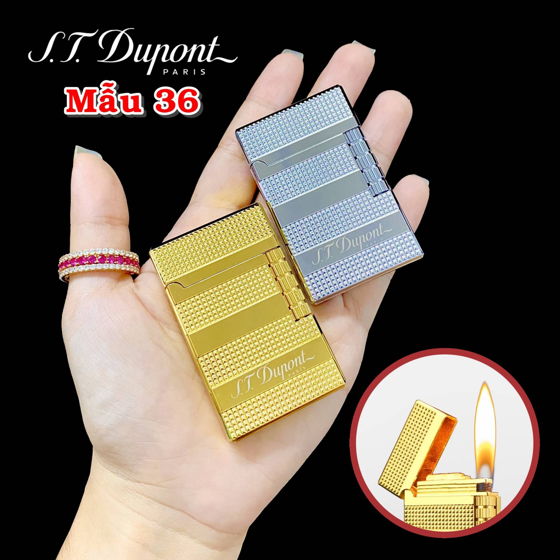 Hột quẹt bật lửa Dupont vân kim cương 3 sọc ngang M36 - xài gas