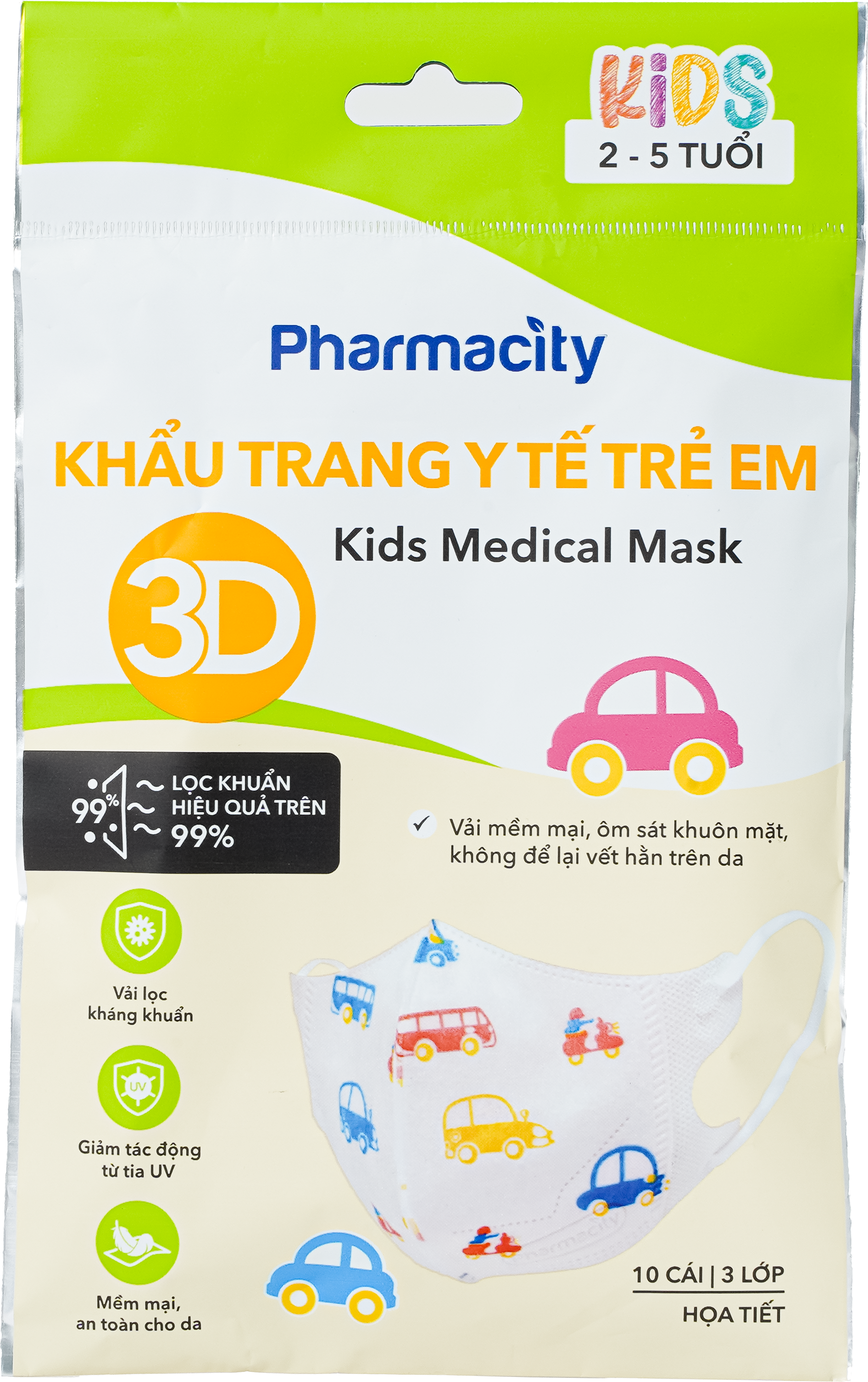 Khẩu trang y tế 3D trẻ em 2-5 tuổi Pharmacity (Gói 10 cái)