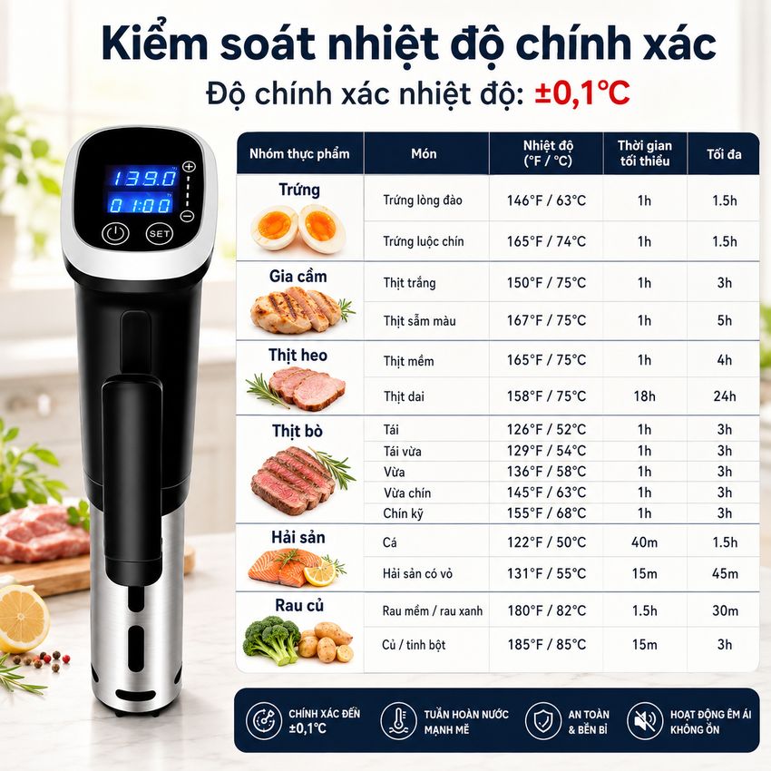 Máy nấu chậm chân không Sous vide BioloMix SV-8008 1200W Điều khiển màn hình LED - Hàng Chính Hãng