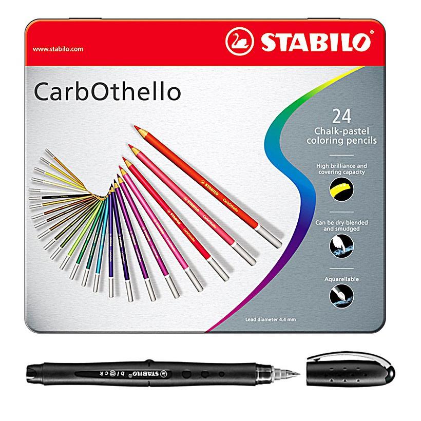 Bộ 1 hộp bút chì màu STABILO CarbOthello (24 cây/hộp thiếc) + Bút ký STABILO bl@ck+ F 0.7mm màu đen (CLC1424MG)