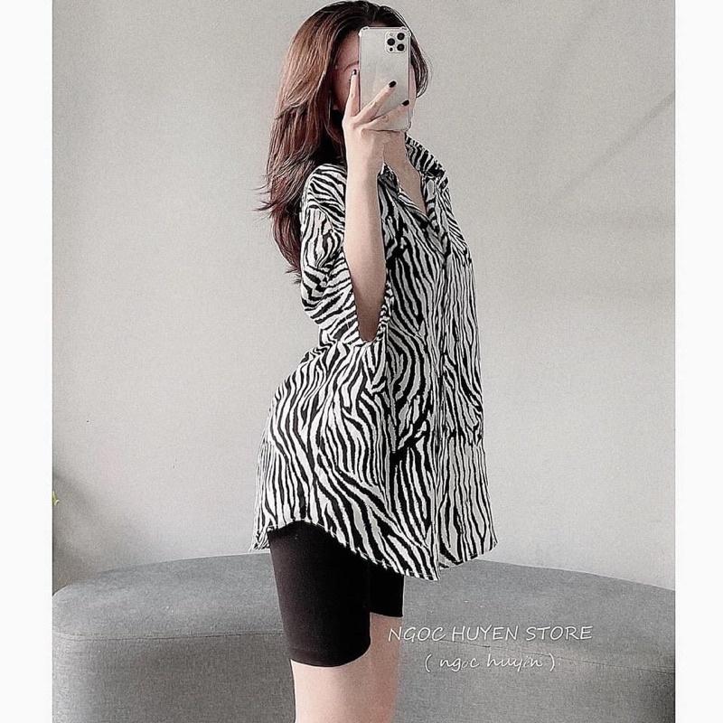 Áo sơ mi tay lỡ vằn - quần ngố ôm - carotshop - freesize dưới 57kg
