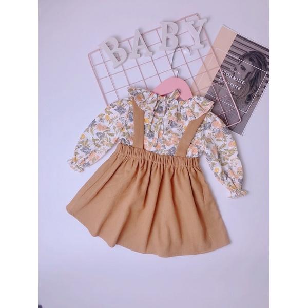 Váy yếm bé gái sét 2 chi tiết LINA KIDS- yếm vàng bò áo hoa váy thu đông dài ta