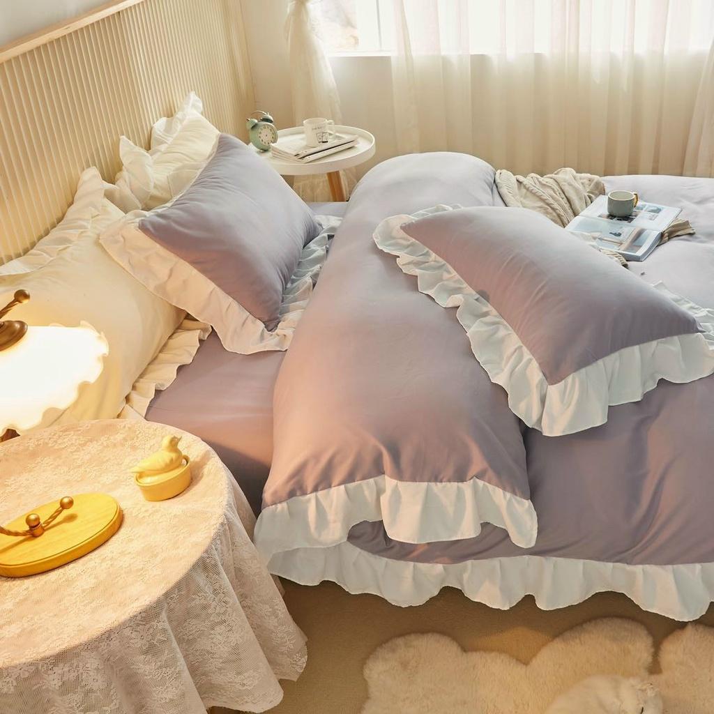 Bộ Chăn Ga Gối Cotton Tici Riềm Bèo Tím Nhạt