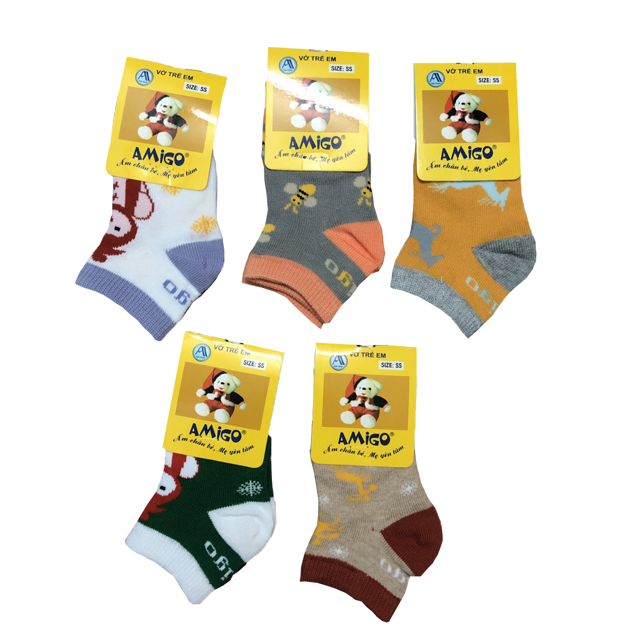 Combo 5 đôi tất cotton AMIGO cho bé trai, bé gái size 3 tháng đến 8 tuổi, tất mềm, mịn co giãn tốt, hàng Việt Nam chất lượng