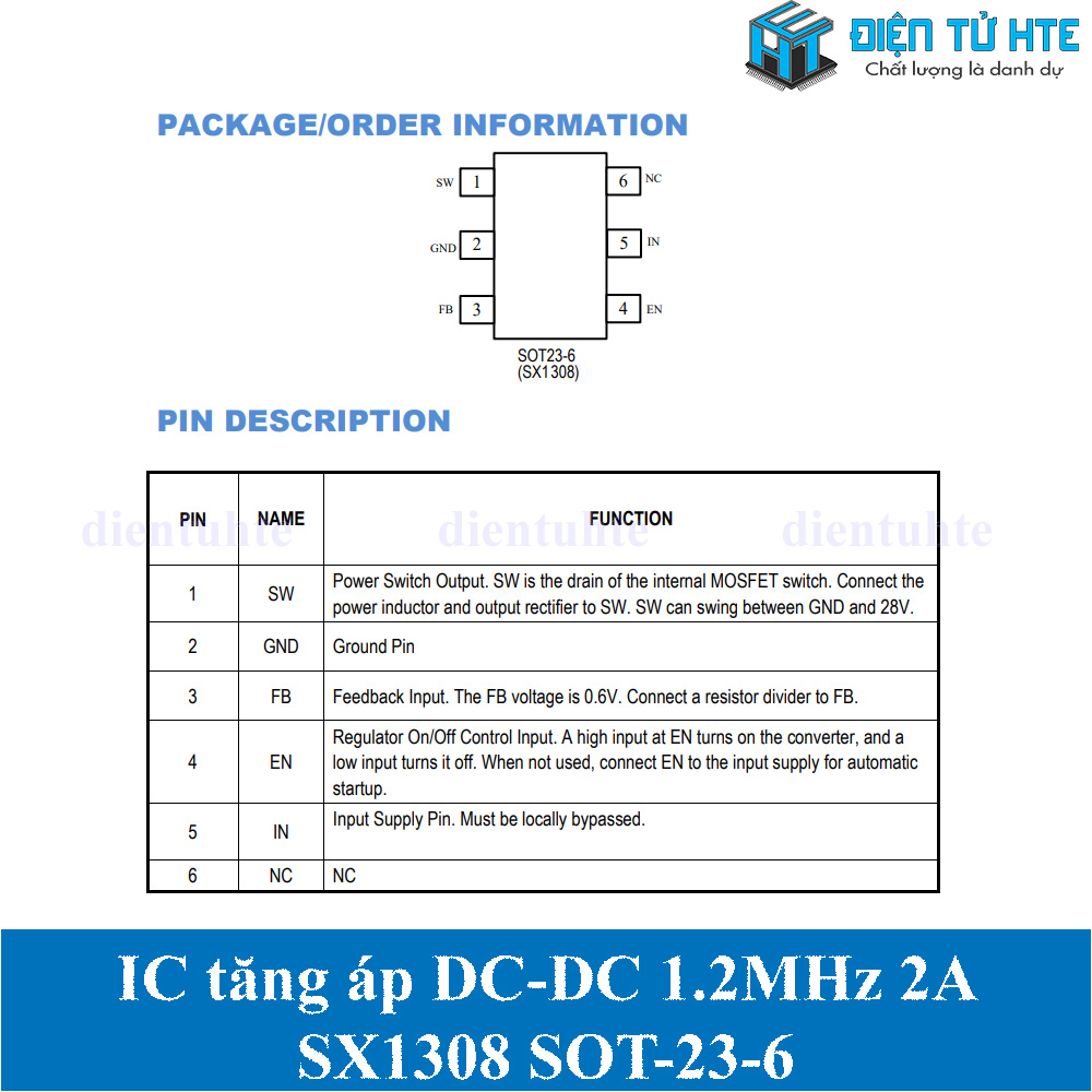 Bộ 2 IC tăng áp nguồn xung 1.2MHz 2A SX1308 dán SOT23-6