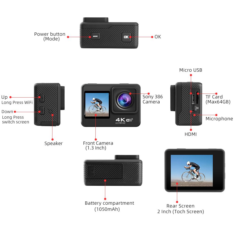 Waywalkers 4K 60fps Action Camera chống lắc WiFi với màn hình điều khiển từ xa Sport Sport Sport Drive Recorder Eis