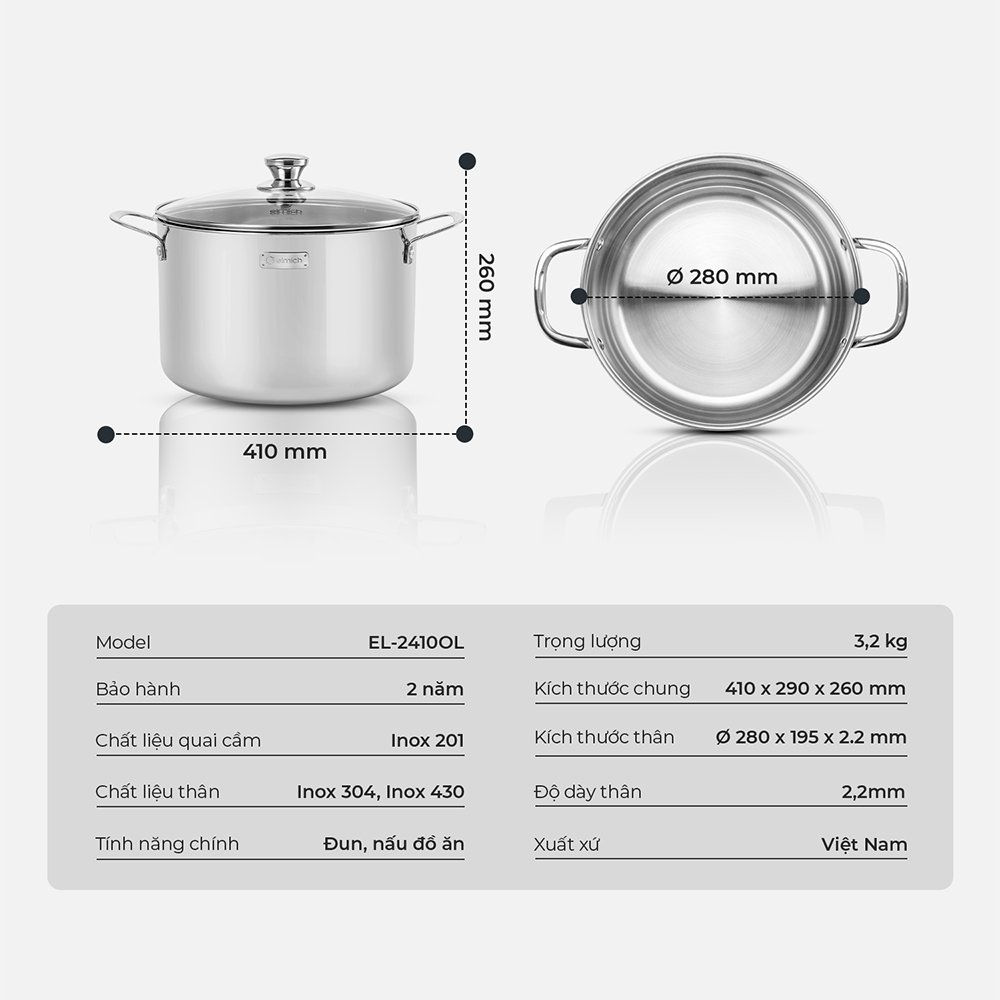 Nồi luộc gà Inox 3 lớp đáy liền Elmich Trimax Classic 28cm 2410OL, Hàng chính hãng, Dùng được mọi loại bếp - JoyMall