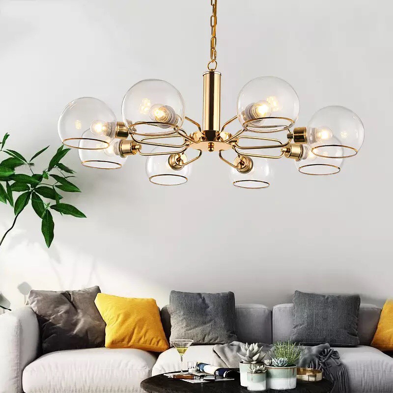 Đèn chùm bộ 8 bóng chao thuỷ tinh cao cấp thiết kế sang trọng trang trí phòng khách, nhà hàng, quán cafe TTK.CD126-8/Xi vàng