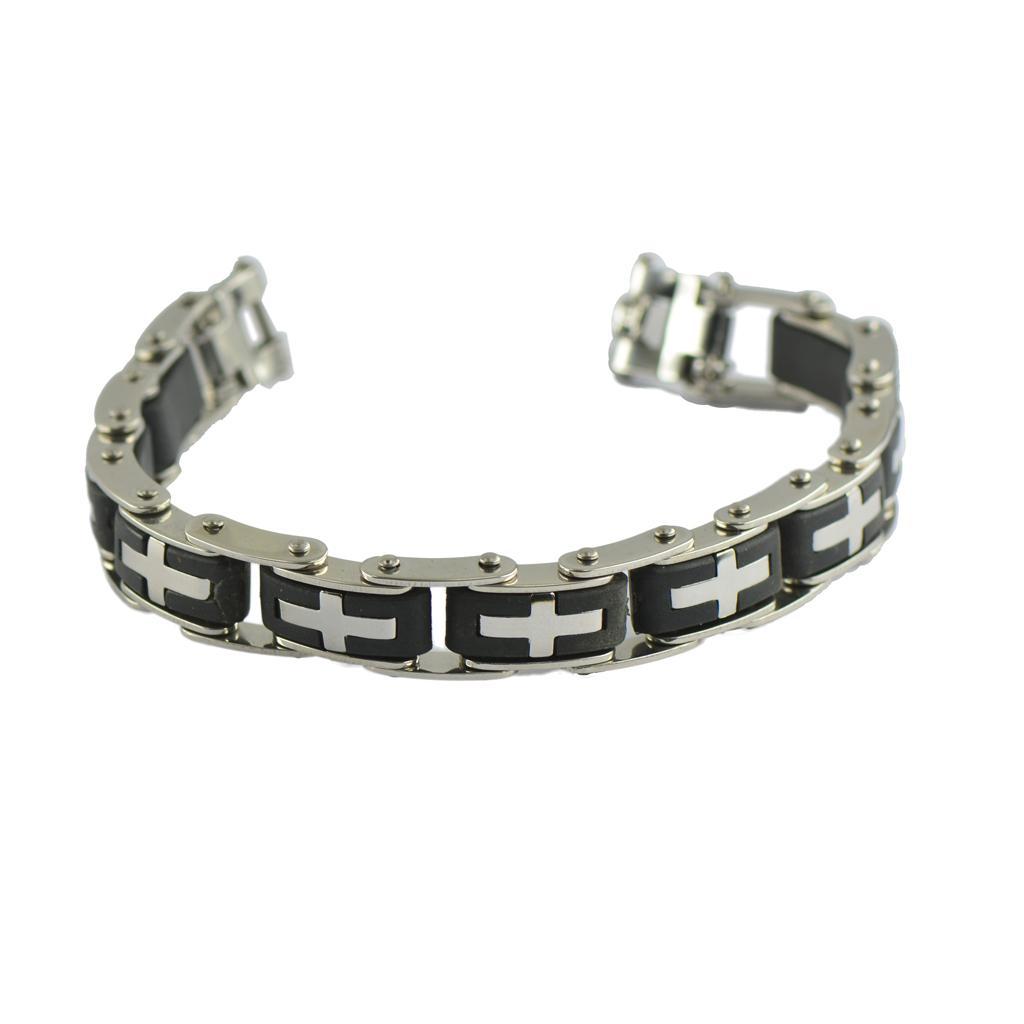 Men's Cross Stainless Steel Black Rubber Bracelet Bangle Wristband