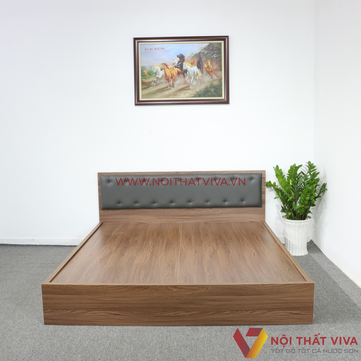 Giường Ngủ Gỗ MDF Melamine Màu Óc Chó Có Đầu Nệm Xanh Đen Đẹp