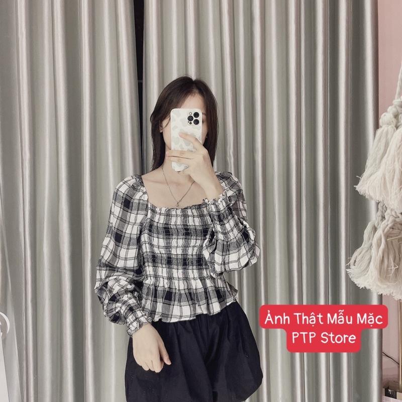 Áo Kẻ Chun Nhúm Tay Phồng Cổ Vuông, Áo Kiểu Nữ Có Ảnh Thật Kèm Video