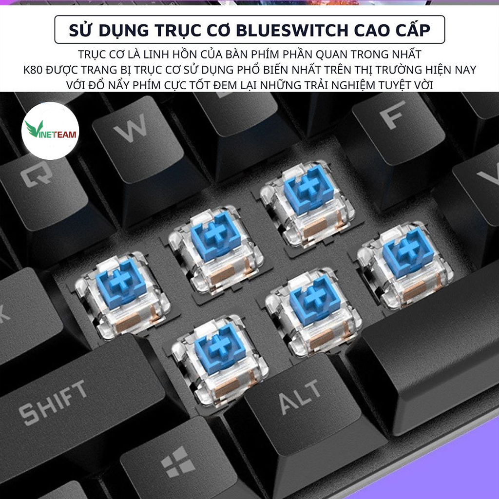 Bàn phím cơ mini chuyên game Blue Switch nút vuông 87 phím K80 - HN - HÀNG CHÍNH HÃNG