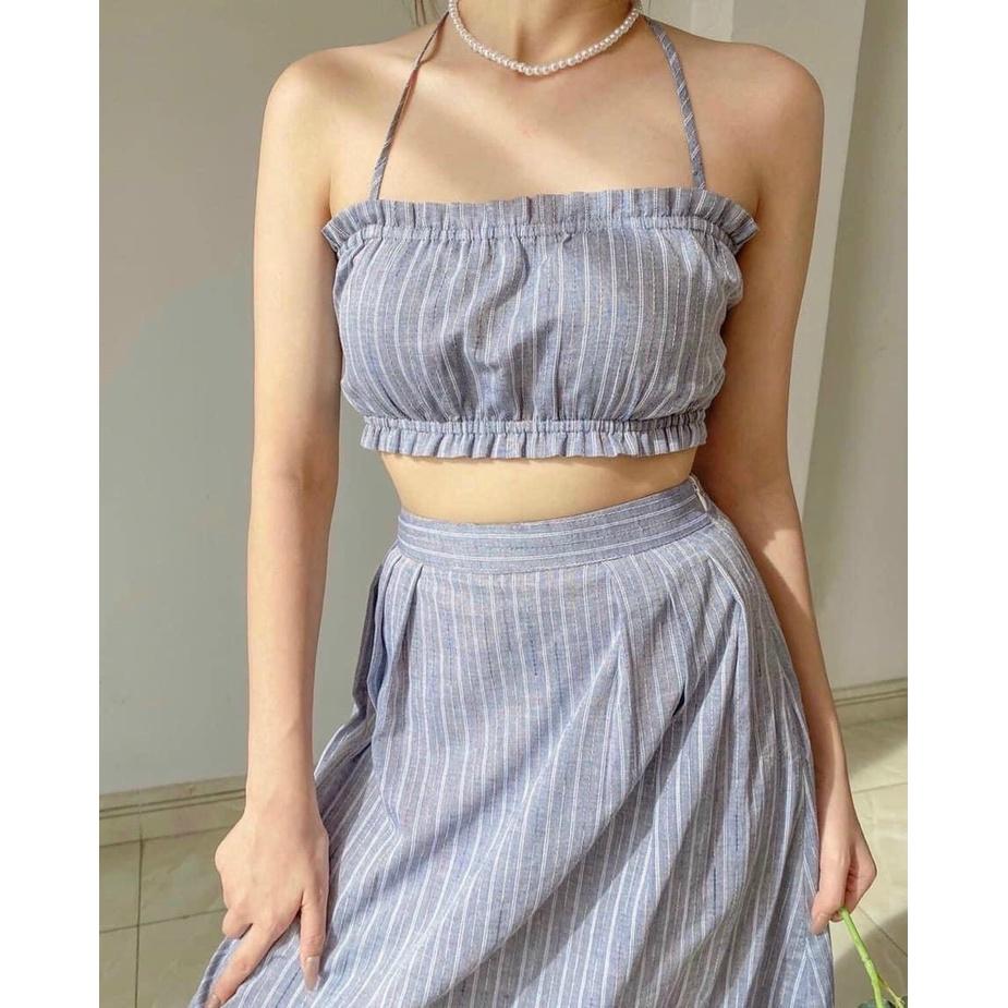 {Amanda} set váy 2 dây sọc xanh croptop lưng thun cúp ngực kèm chân váy chứ A siêu xinh