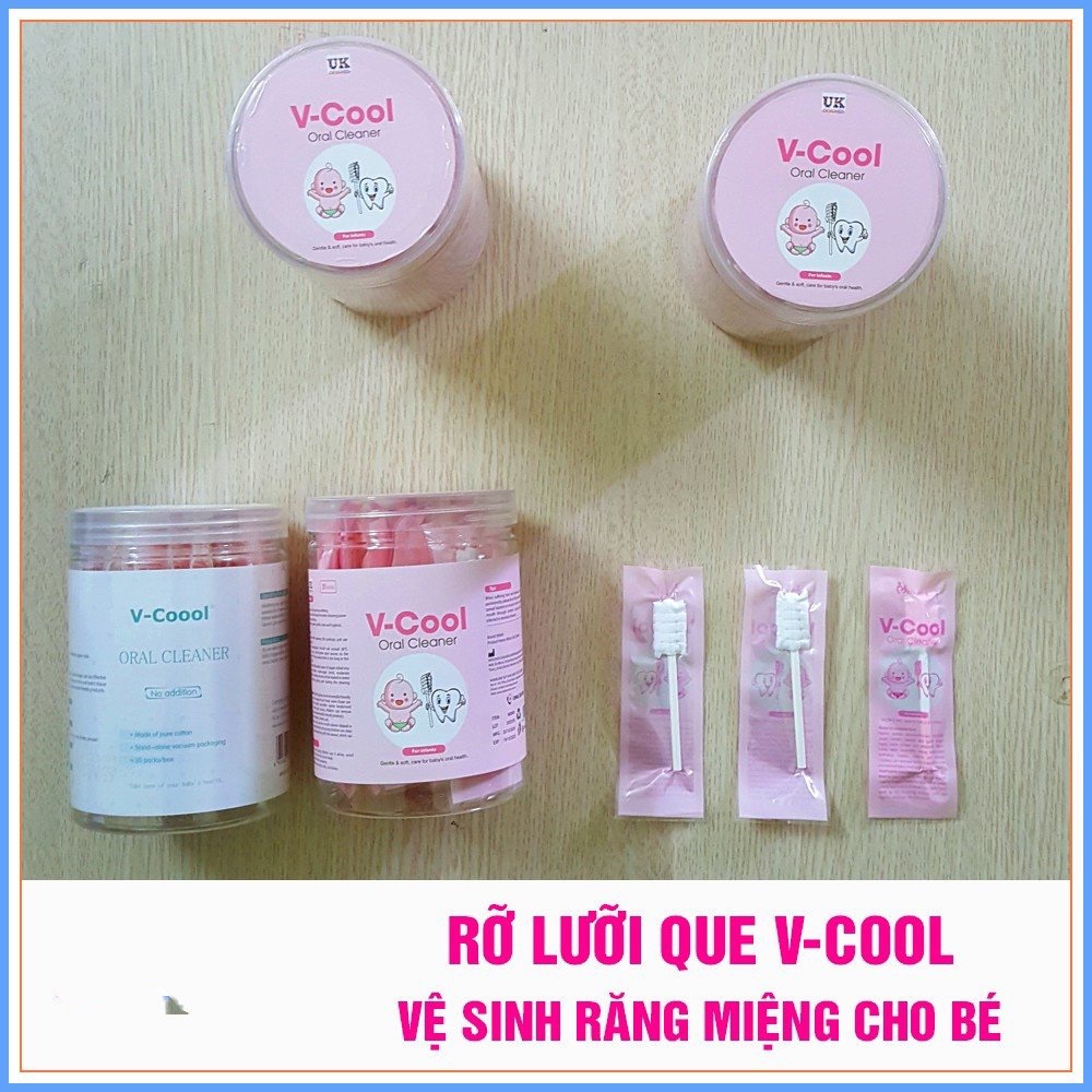 Hộp 30 gạc rơ lưỡi tiệt trùng dạng que và Vcool, que gạc rơ lưỡi thần thánh an toàn vệ sinh cho bé