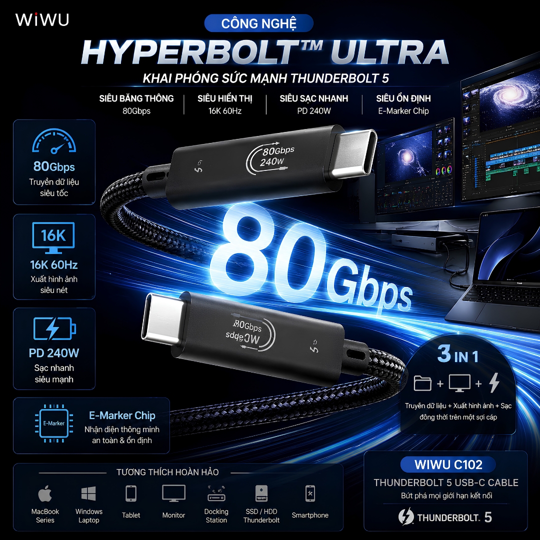 Dây cáp THUNDERBOLT 5 PD 240W WIWU C102 USB-C TO USB-C 1.8M | 120Gbps Bandwidth Boost | 8K/16K 60Hz | Chip E-Marker cho Macbook / iPhone / iPad / Laptop - Hàng nhập khẩu