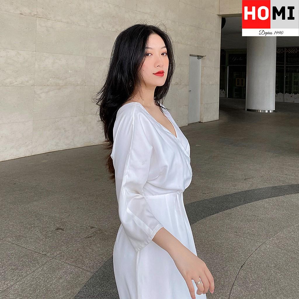 ĐẦM TRẮNG CỔ CHỮ V, đầm dạo phố HomiFashion