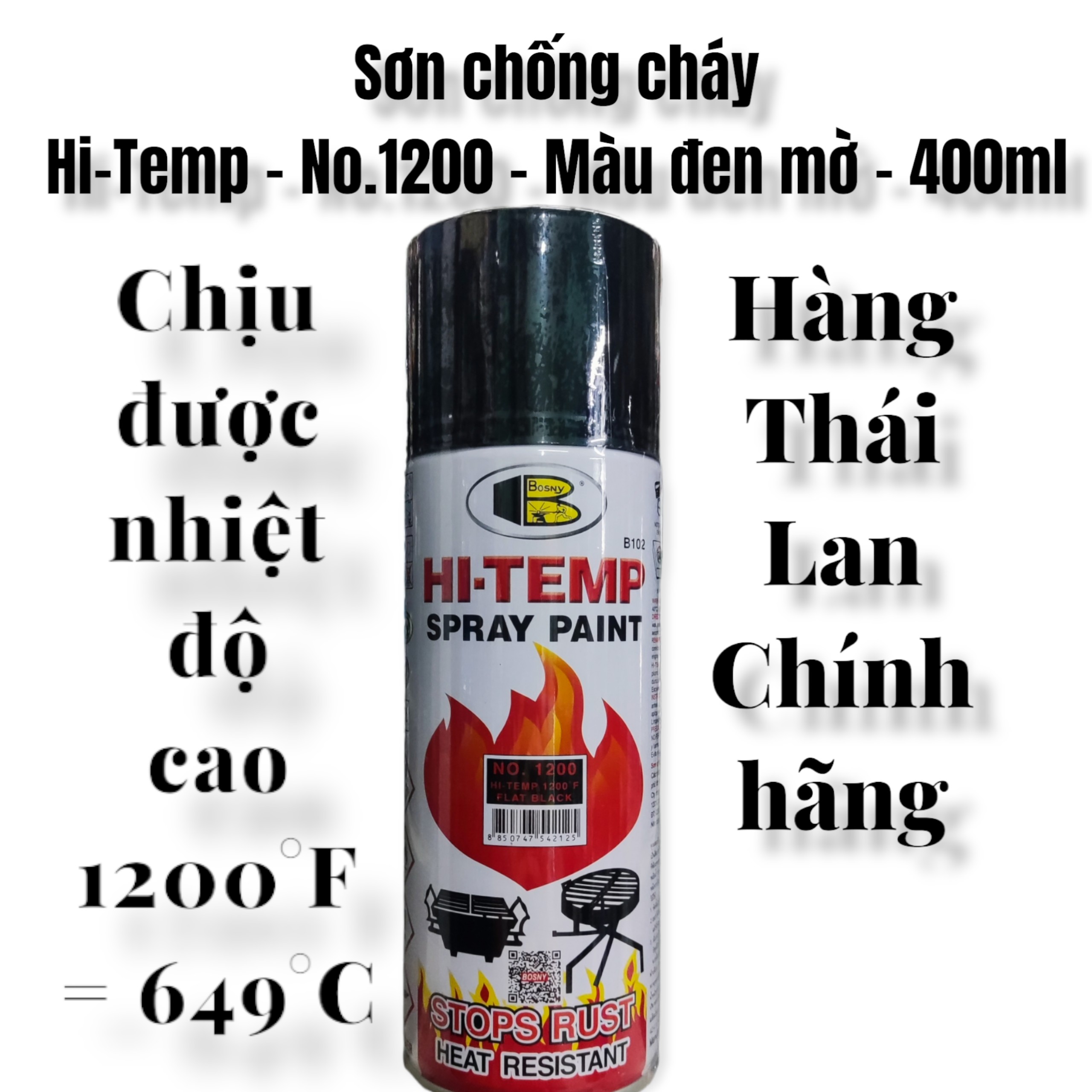 Sơn xịt chống cháy chịu được nhiệt độ cao Hi-Temp - No.1200 - Màu đen mờ - 400ml - Made in Thái Lan