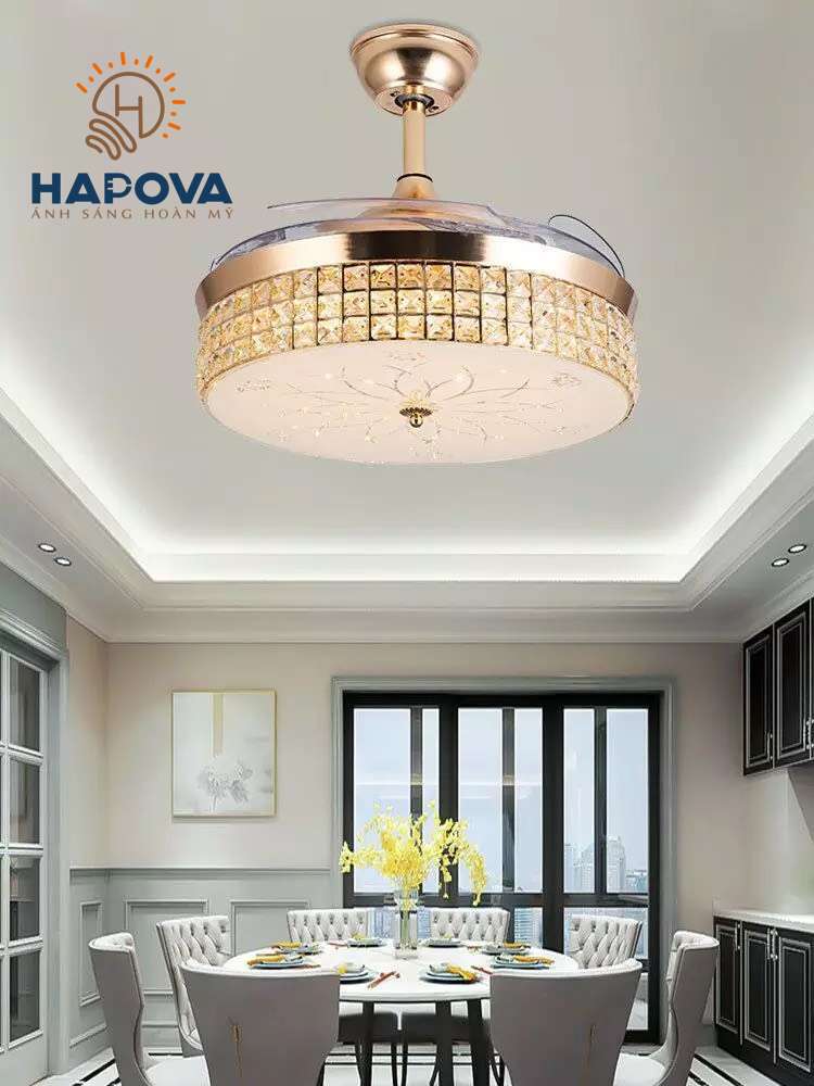 Quạt trần đèn trang trí, quạt đèn dấu cánh HAPOVA ZODIAC G30, có 3 chế độ sáng có điều khiển từ xa DQ 8043 hàng chính hãng