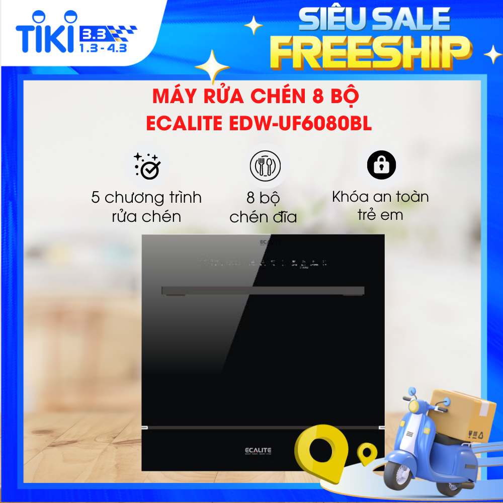Máy Rửa Chén Ecalite EDW-UF6080BL - Có Rửa Điệt Khuẩn - Lắp Bán Âm Cực Gọn - Điều Khiển Cảm Ứng - Hàng Chính Hãng