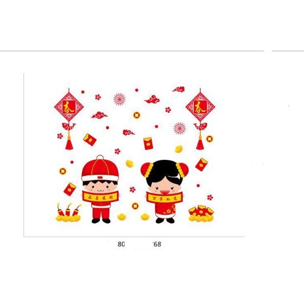 Decal trang trí tết - Bé Trai Bé Gái cầm tờ liễu câu đố mừng Xuân