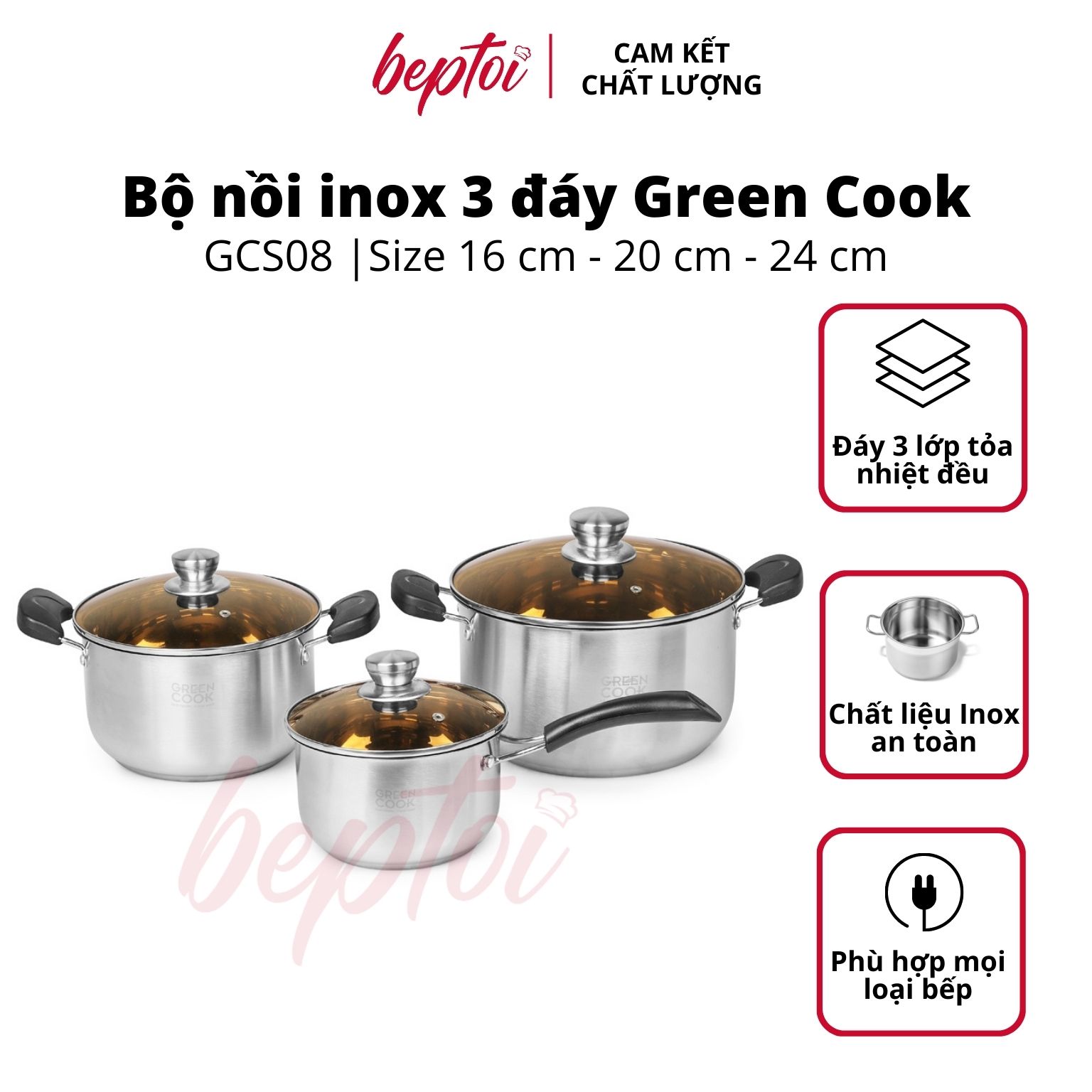 Bộ nồi inox cao cấp 3 đáy, nồi chống dính bếp từ Green Cook GCS08-T1 Hàng chính hãng