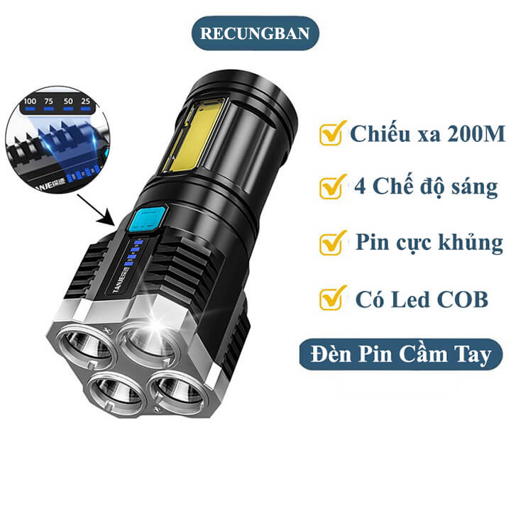 Đèn pin cầm tay siêu sáng chiếu xa 4 chế độ, chống thấm nước tiện dụng, có COB đèn LED cạnh