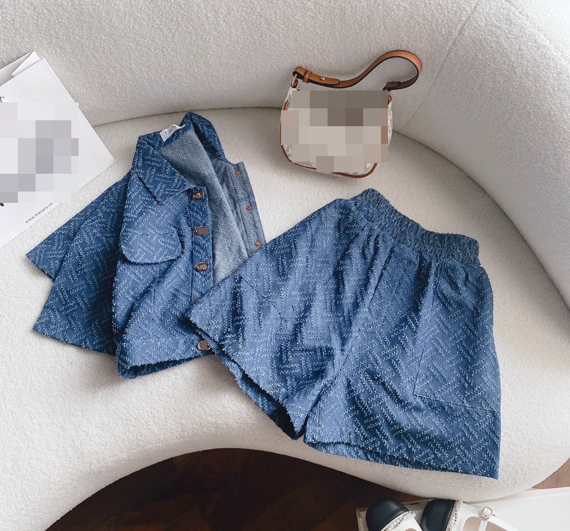 SET ÁO SƠ MI CROPTOP TAY NGẮN SUÔNG RỘNG DENIM JEANS + QUẦN NGẮN SHORTS ỐNG RỘNG LƯNG CAO ĐI CHƠI DẠO PHỐ ĐI BIỂN