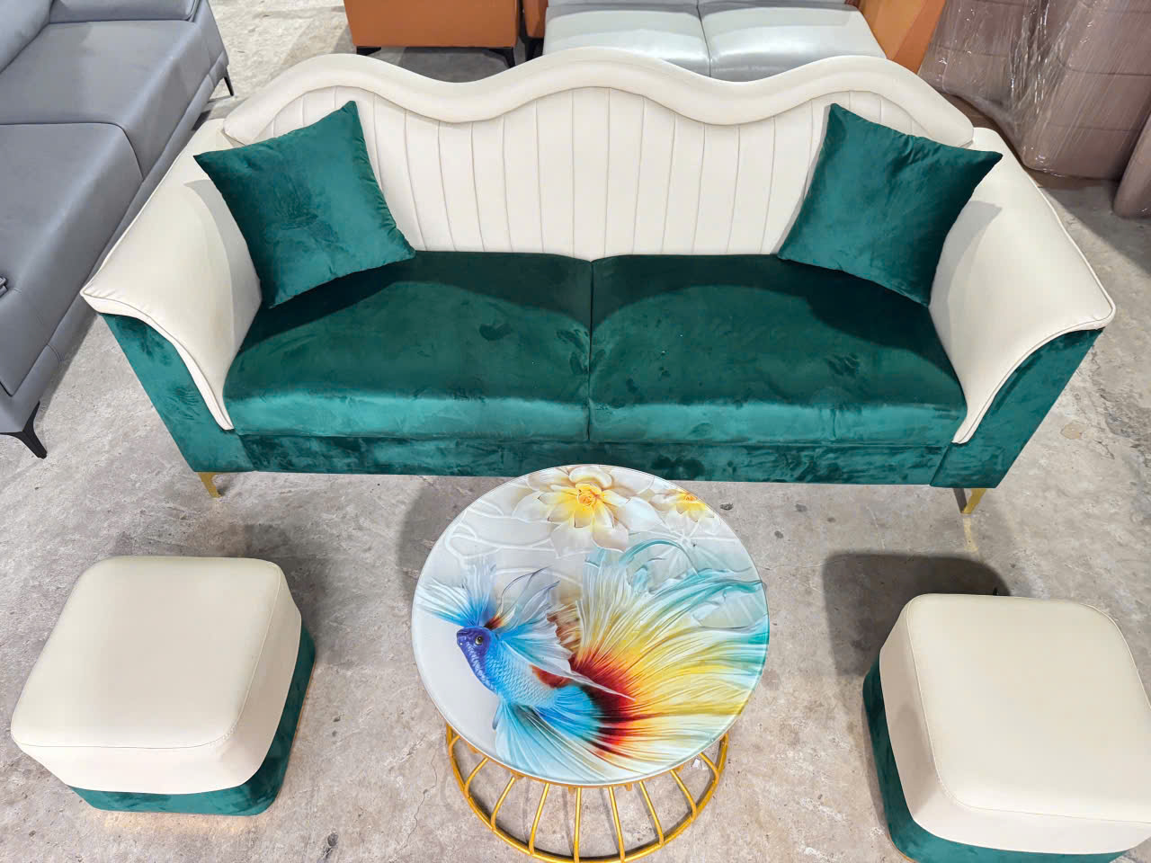 Sofa vải nhung Tundo Emerald Sofa kết hợp trắng xanh 2m và 2 đôn