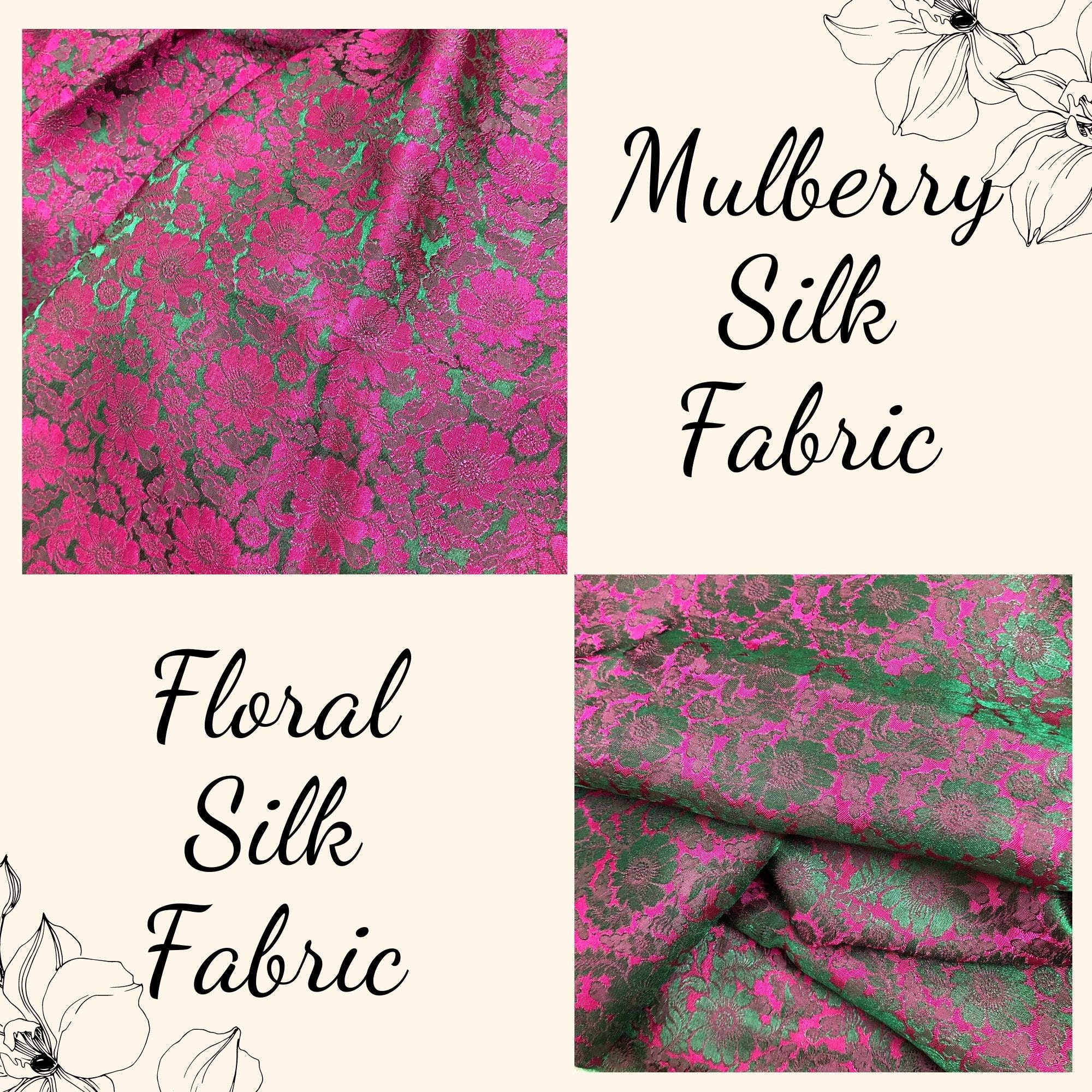 Vải Lụa Tơ Tằm hoa cúc màu hồng sen nền xanh, mềm#mượt#mịn, dệt thủ công, khổ vải 90cm