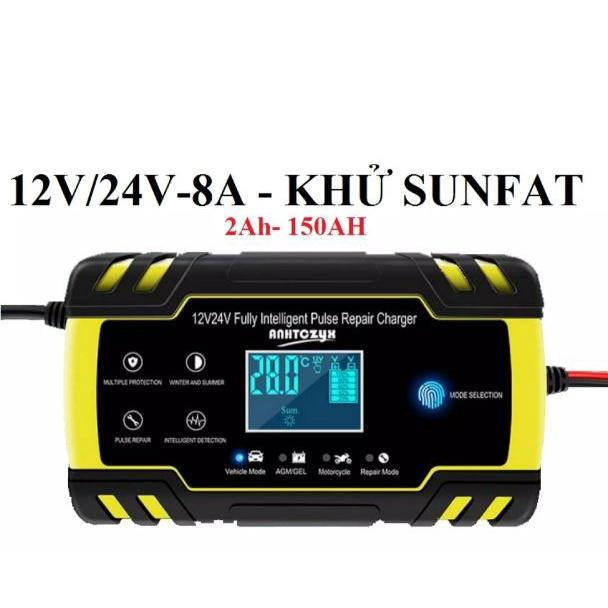 Sạc binh ắc quy 12V-24V/8A 4-150ah có khử sunfat phục hồi bình dùng cho cả bình khô và nước từ 4Ah-150A Foxsure