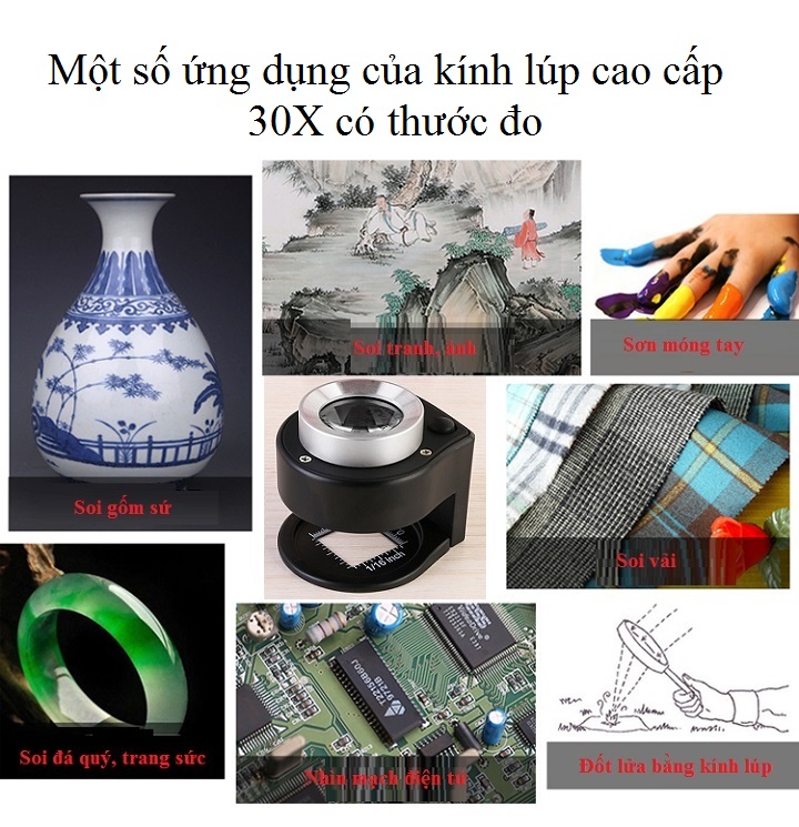 Kính lúp để bàn 30X chất lượng cao bằng kim loại tích hợp thước đo M06 ( Tặng kèm miếng thép 11 chức năng trong 1