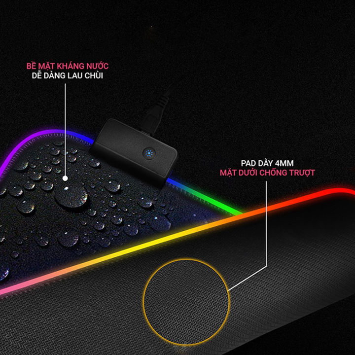 Lót Chuột Cỡ Lớn Có Đèn Led RGB Dày Dặn 4mm Nhiều Size Chuyên Game Chống Trơn Trượt Pad Chuột Bàn Phím Chống Thấm Nước Di Chuột Mượt Mà Decor Bàn Làm Việc Siêu Bền