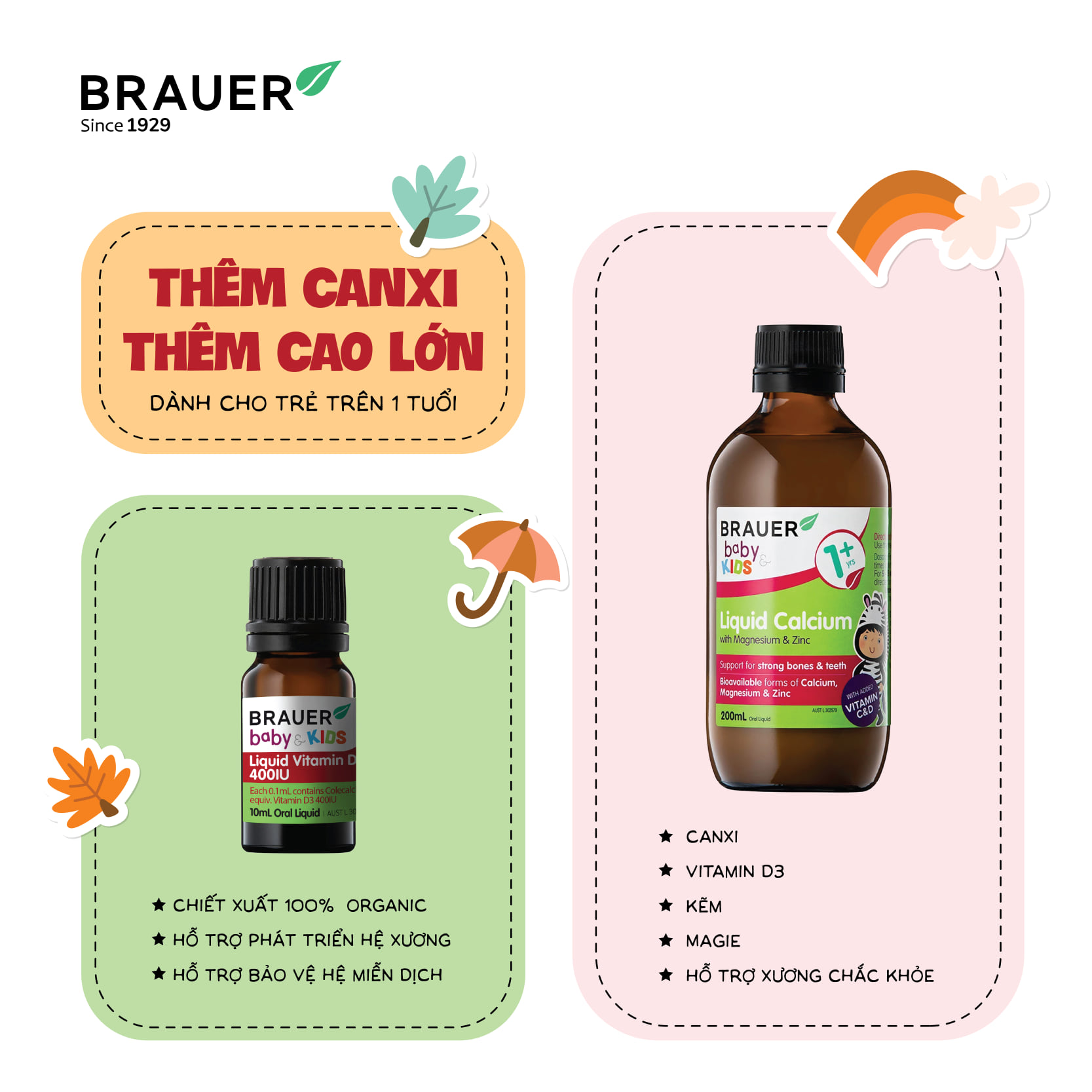 Siro bổ sung Canxi, Magie và Kẽm Brauer Baby & Kids Liquid Calcium With Magnesium & ZinC cho trẻ trên 1 tuổi