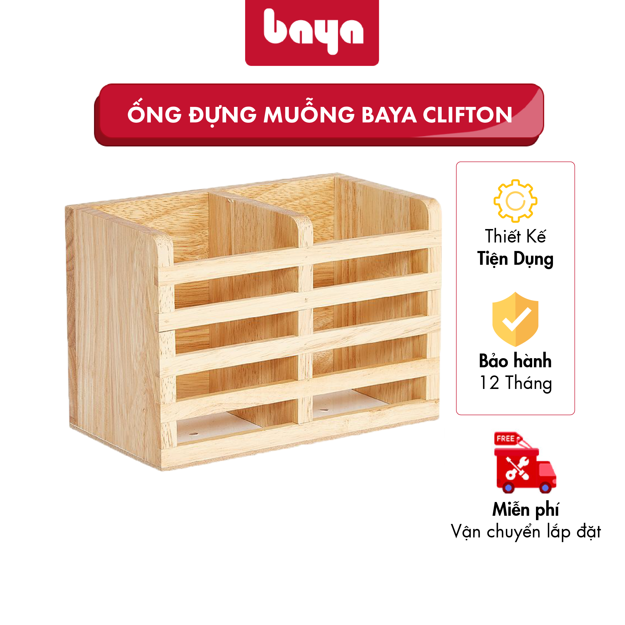 Ống Đựng Muỗng Nĩa BAYA CLIFTON Thiết Kế Hai Ngăn Thoáng Khí Được Làm Từ Gỗ Cao Su Chất Lượng Cao Với Thớ Gỗ Dày Bền Chắc 1072310