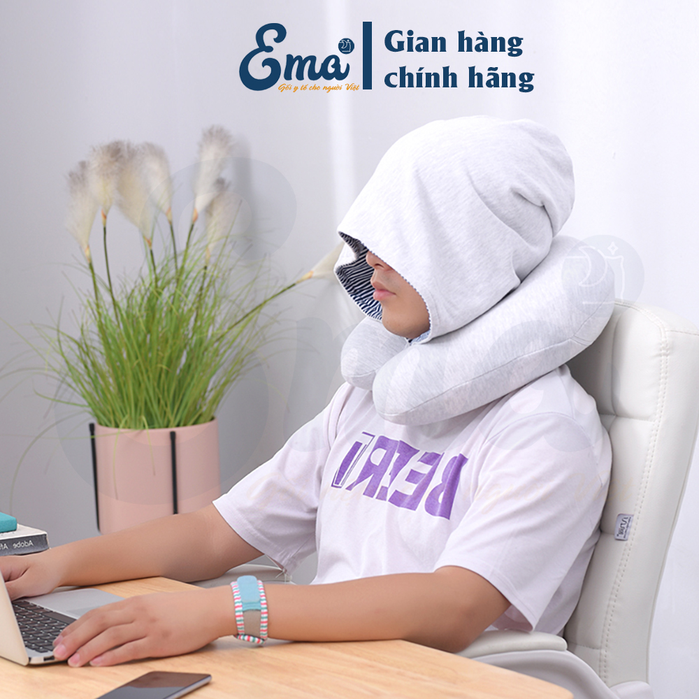 Gối chữ U kê cổ có mũ trùm đầu EMA - Dành cho dân văn phòng, đi du lịch, tàu xe