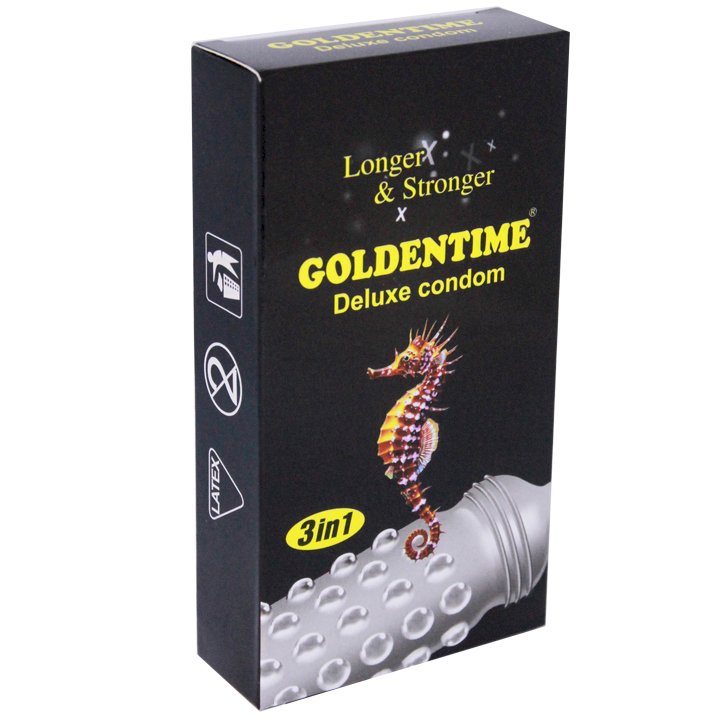 Bao Cao Su Goldentime Longer 3 in 1 (Hộp 12 Cái) Tăng khoái cảm, Kéo dài thời gian, Hàng Chính Hãng 100%