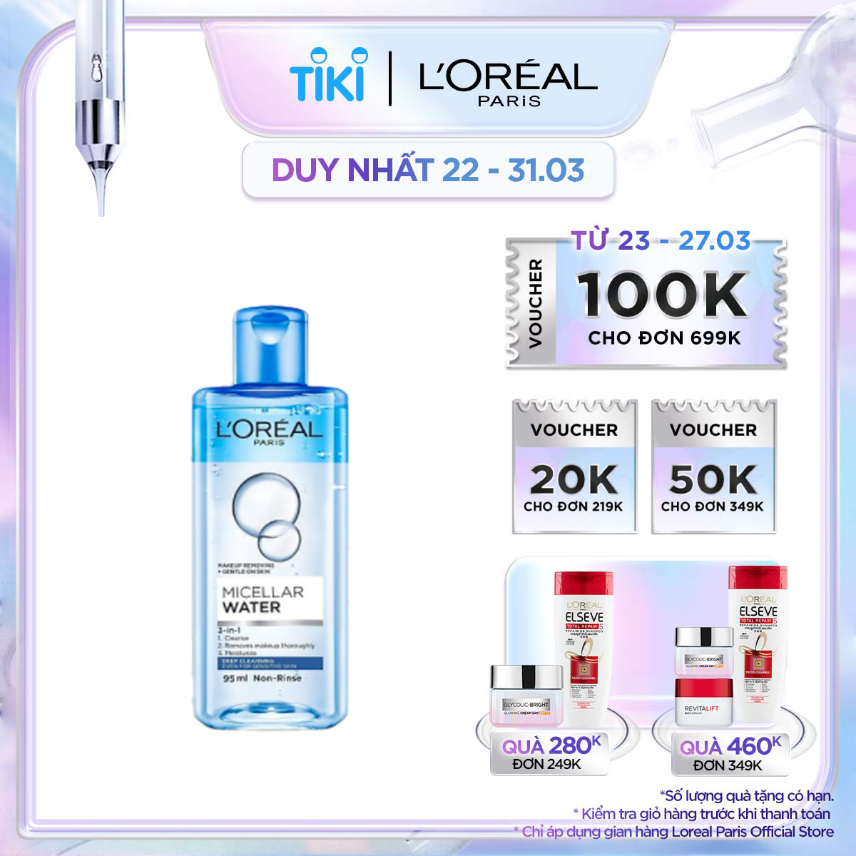 Nước Tẩy Trang L'Oreal 3 In 1 Micellar Làm Sạch Sâu (95ml)