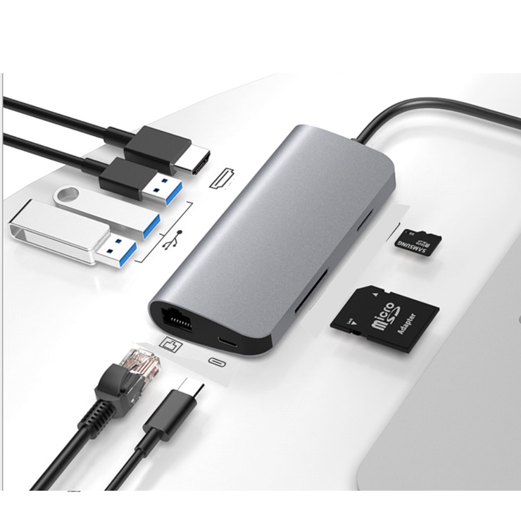 Hub USB Type-C 8 Cổng USB 3.0/HDMI/SD/TF/LAN Gigabit (RJ45) hỗ trợ sạc USB-C