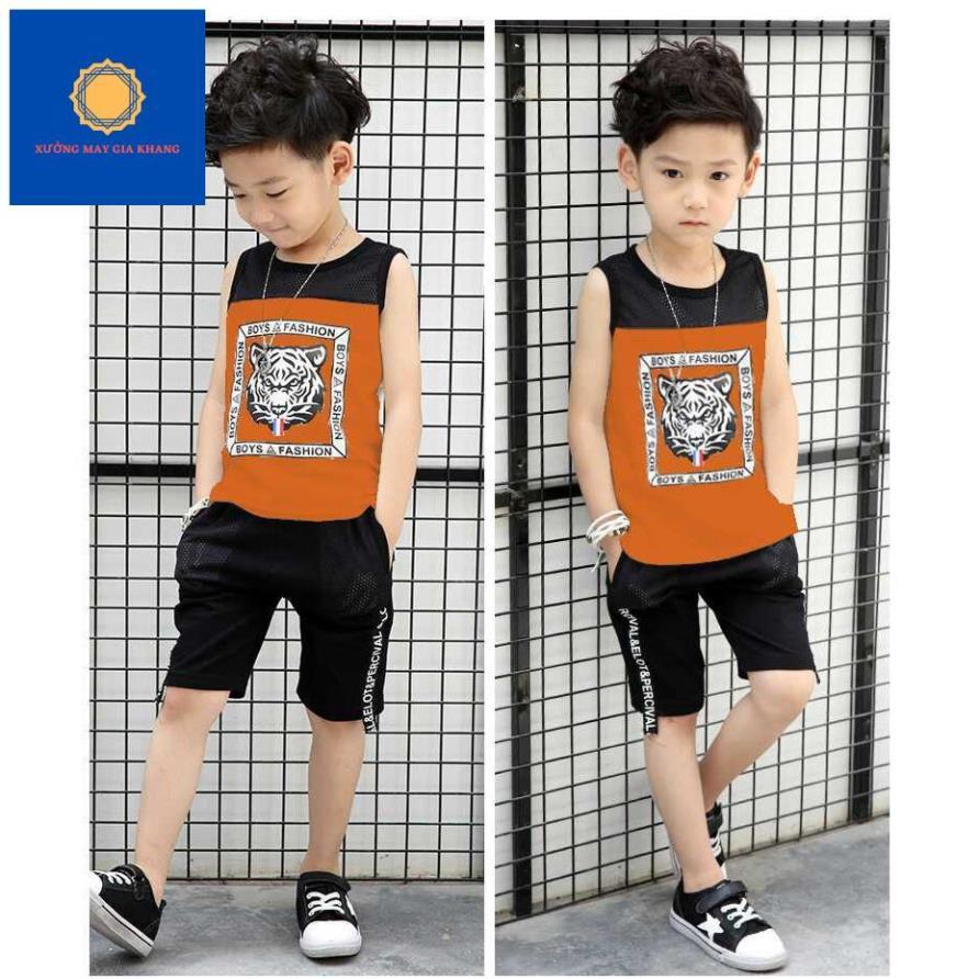 Đồ bộ quần áo thun bé trai sát nách, phối lưới in cọp, thun cotton thoải mái vận động - Quần áo trẻ em.