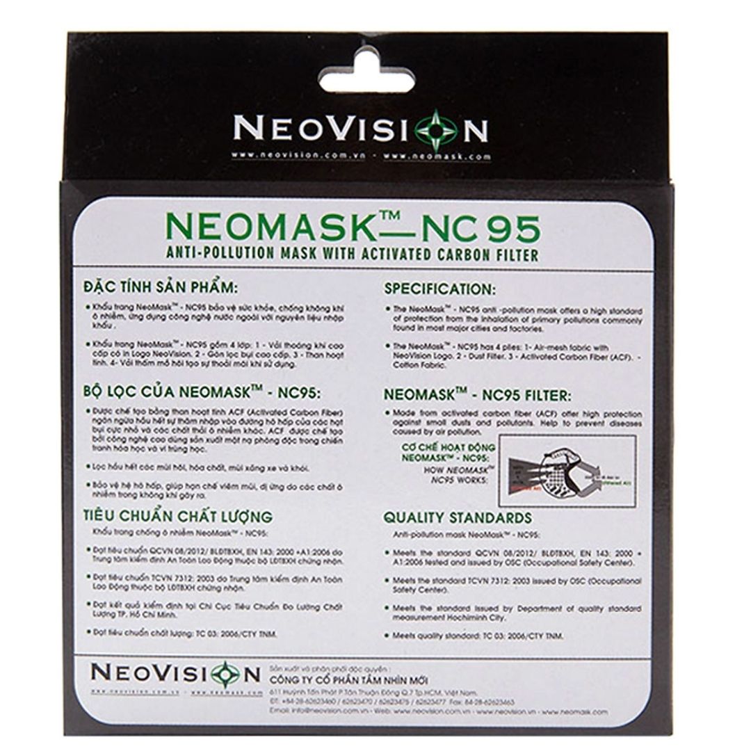 Khẩu trang (Combo 02) - Khẩu trang than hoạt tính NeoVision NeoMask NC95, chuẩn N95 (Thun qua gáy-Có hộp) - Chống bụi siêu mịn PM2.5, lọc khuẩn BFE >95% (Được cấp bởi Nelson Lab), kháng khuẩn, chống giọt bắn có thể giặt tái sử dụng