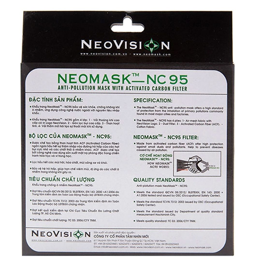 Khẩu trang than hoạt tính NeoVision - NeoMask NC95 ( chuẩn N95 - Có hộp) Chống bụi siêu mịn PM2.5, lọc khuẩn BFE 95% (Được cấp bởi Nelson Lab),  kháng khuẩn, chống giọt bắn có thể giặt tái sử dụng nhiều lần- Xanh đậm