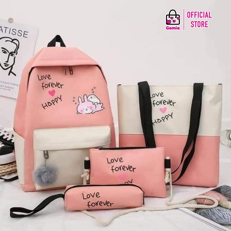 Set Balo 4 món Thỏ hồng Love Forever Happy màu sắc dễ thương dành cho học sinh sinh viên GOMIA BLS5092