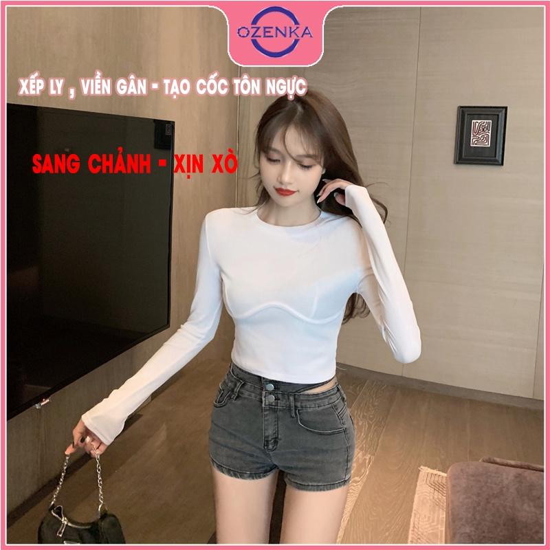 Áo croptop tay dài cổ tròn ôm nữ ,  áo thu đông tôn ngực mặc đi học đi chơi chất len tăm 100% cotton đen trắng