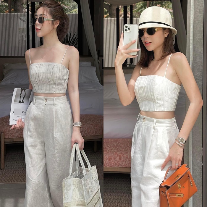 SET ÁO CROPTOP 2 DÂY CỔ U ÔM BODY XẾP LY + QUẦN ỐNG RỘNG LƯNG CAO SUÔNG TRƠN ĐI BIỂN ĐI CHƠI DẠO PHỐ ĐI TIỆC