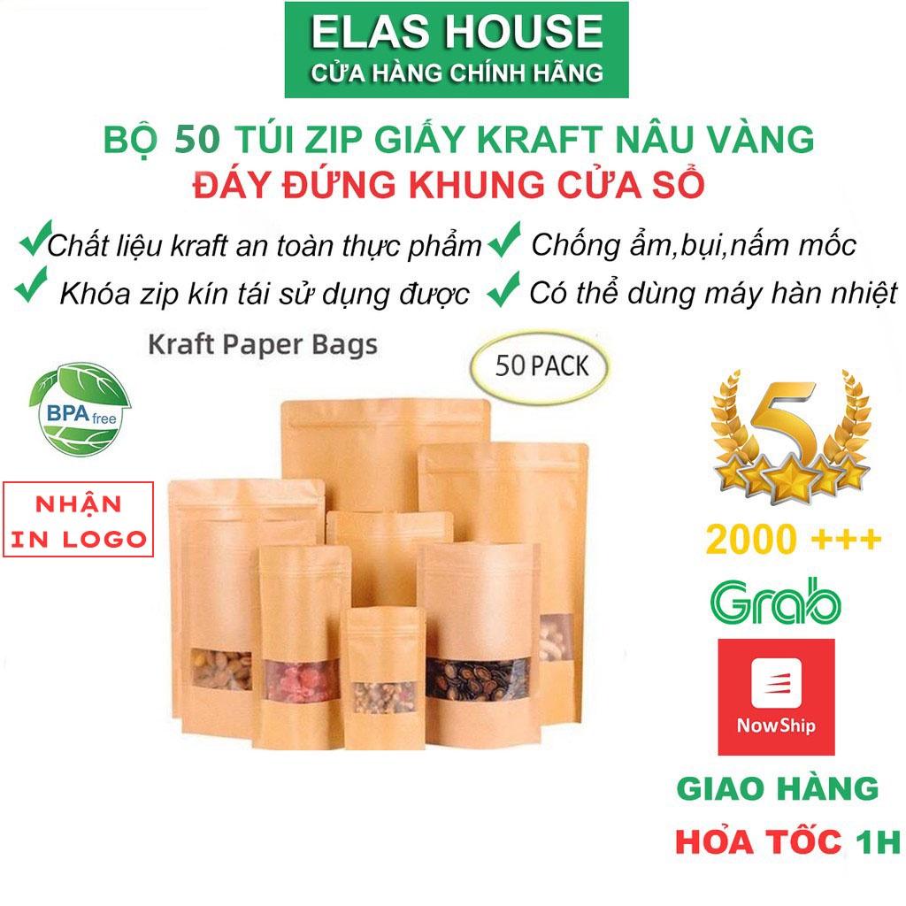 Túi Zip Đựng Thực Phẩm,Sét 50 Túi Zip Giấy Kraft Đáy Đứng Có Cửa Sổ Vàng Food Saver