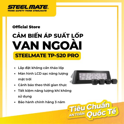 Cảm Biến Áp Suất Lốp Ô Tô STEELMATE TP-S20 PRO – Van Ngoài, Hiển Thị LED, Cảnh Báo Áp Suất &amp; Nhiệt Độ Chính Xác, Bảo Hành 3 Năm